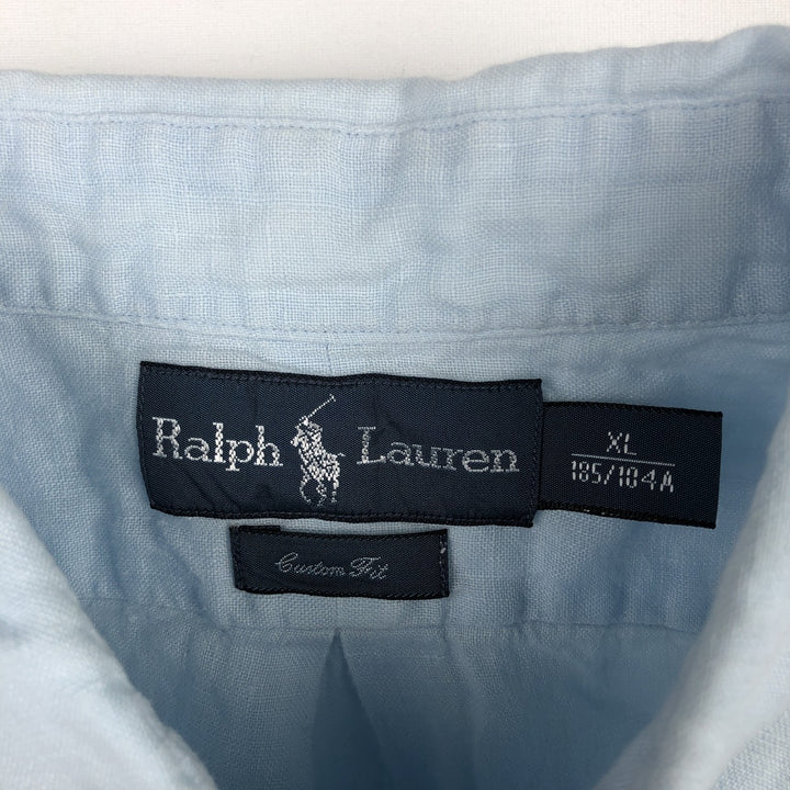 Ralph Lauren CUSTOM FIT short sleeve linen button down shirt, men's XL size linen Blue type light blue Vintage Second Hand