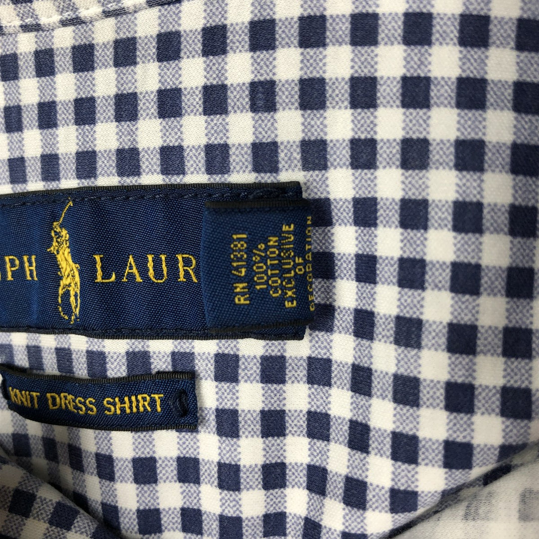 Ralph Lauren Knit Dress Shirt, Gingham Check, Long Sleeve, Button-Down, Men's Size S (approx.) cotton navy blue type Vintage Second Hand