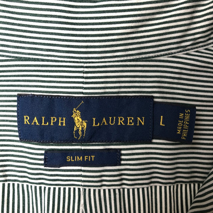 Ralph Lauren Slim Fit Long Sleeve Button-Down Striped Shirt, Men's Size L cotton Green type dark green Vintage Second Hand