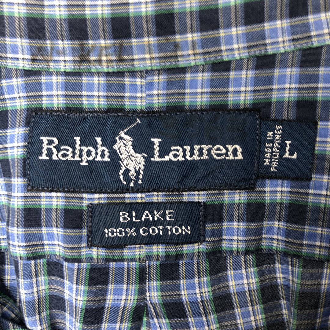 Ralph Lauren BLAKE long sleeve button down check shirt, men's size L cotton blue type Vintage Second Hand