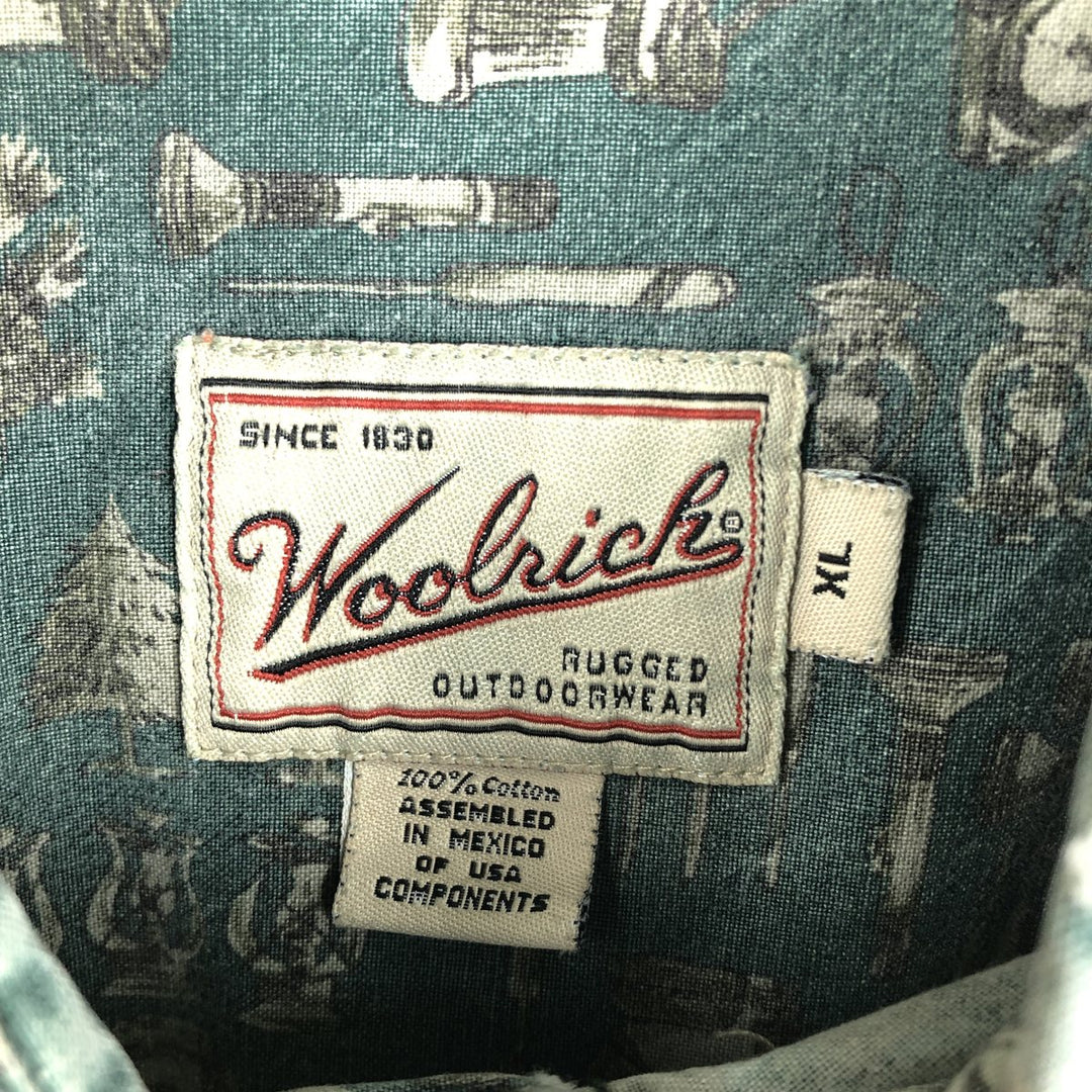 2000'S WOOLRICH all-over print long-sleeved button-down shirt, men's size XL cotton green type Vintage Second Hand