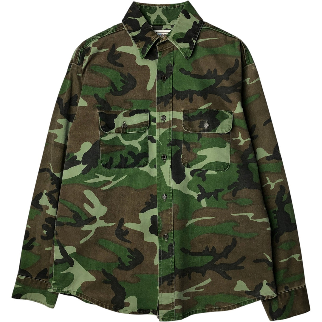 90'S Five Brother Camouflage Pattern Woodland Camo Long-Sleeve Cotton Shirt, Made in USA, Men's Size L (Equivalent), Vintage cotton green type Vintage Second Hand