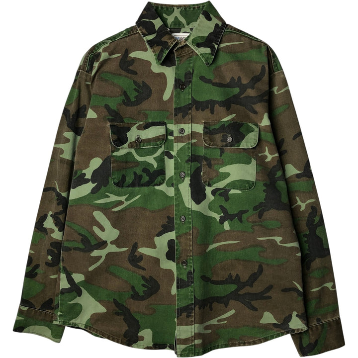 90'S Five Brother Camouflage Pattern Woodland Camo Long-Sleeve Cotton Shirt, Made in USA, Men's Size L (Equivalent), Vintage cotton green type Vintage Second Hand