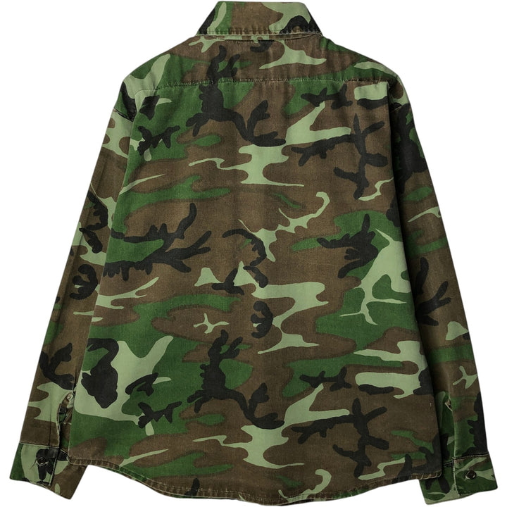 90'S Five Brother Camouflage Pattern Woodland Camo Long-Sleeve Cotton Shirt, Made in USA, Men's Size L (Equivalent), Vintage cotton green type Vintage Second Hand