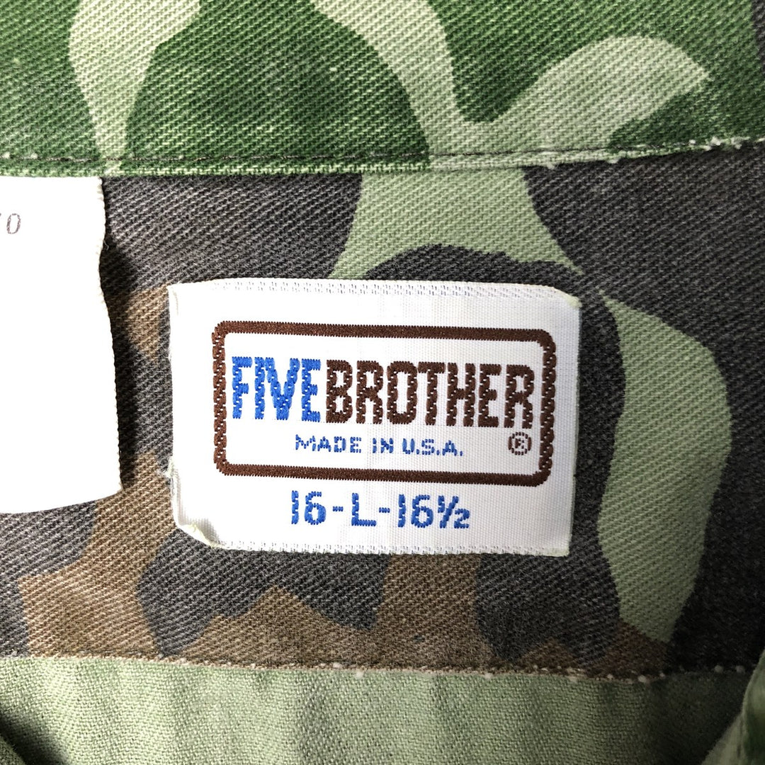 90'S Five Brother Camouflage Pattern Woodland Camo Long-Sleeve Cotton Shirt, Made in USA, Men's Size L (Equivalent), Vintage cotton green type Vintage Second Hand
