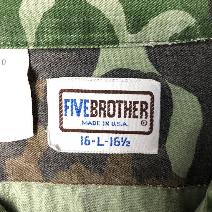 90'S Five Brother Camouflage Pattern Woodland Camo Long-Sleeve Cotton Shirt, Made in USA, Men's Size L (Equivalent), Vintage cotton green type Vintage Second Hand