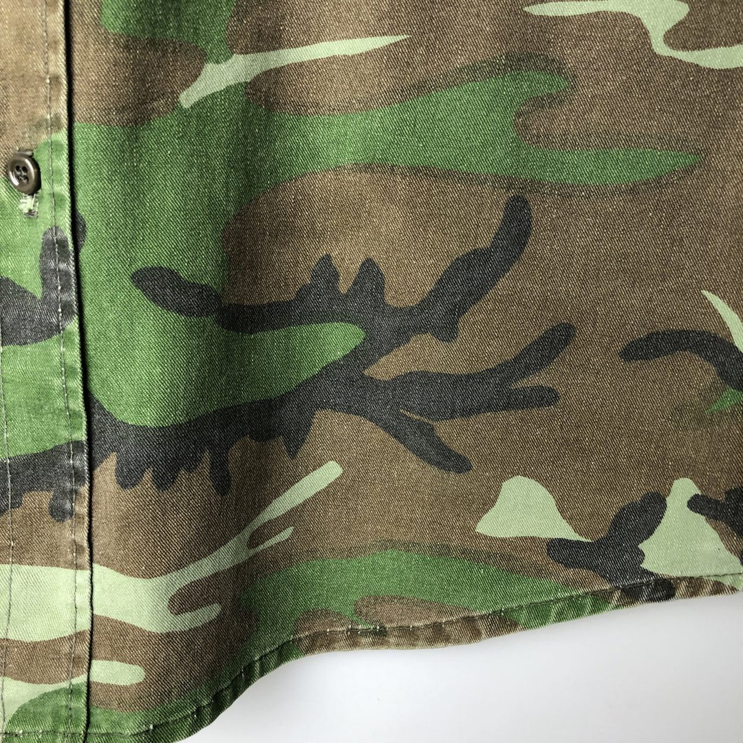90'S Five Brother Camouflage Pattern Woodland Camo Long-Sleeve Cotton Shirt, Made in USA, Men's Size L (Equivalent), Vintage cotton green type Vintage Second Hand