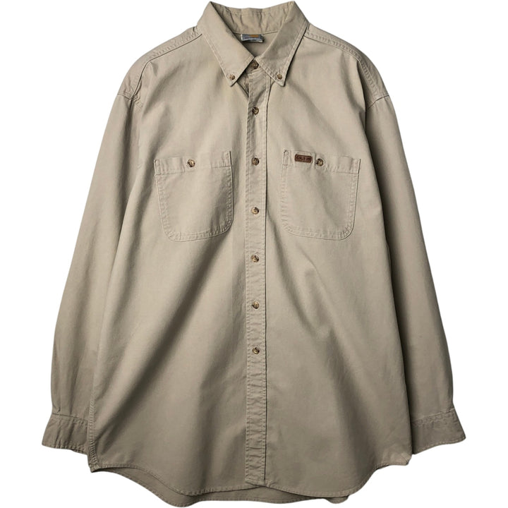 Carhartt Long-Sleeve Button-Down Work Shirt, Made in USA, Men's Size L (approx.) cotton Beige type Vintage Second Hand