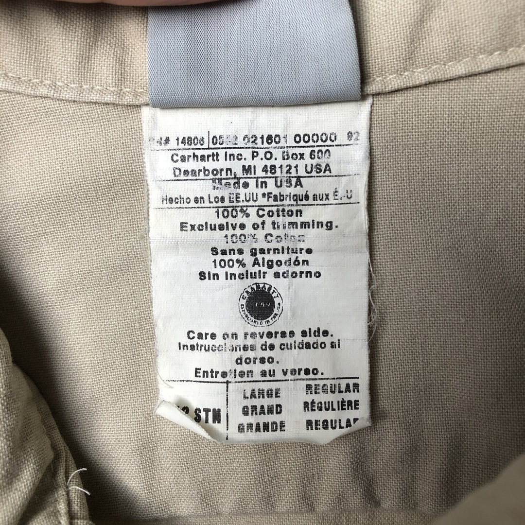 Carhartt Long-Sleeve Button-Down Work Shirt, Made in USA, Men's Size L (approx.) cotton Beige type Vintage Second Hand