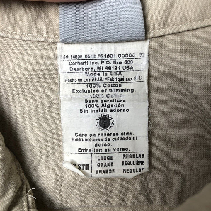 Carhartt Long-Sleeve Button-Down Work Shirt, Made in USA, Men's Size L (approx.) cotton Beige type Vintage Second Hand
