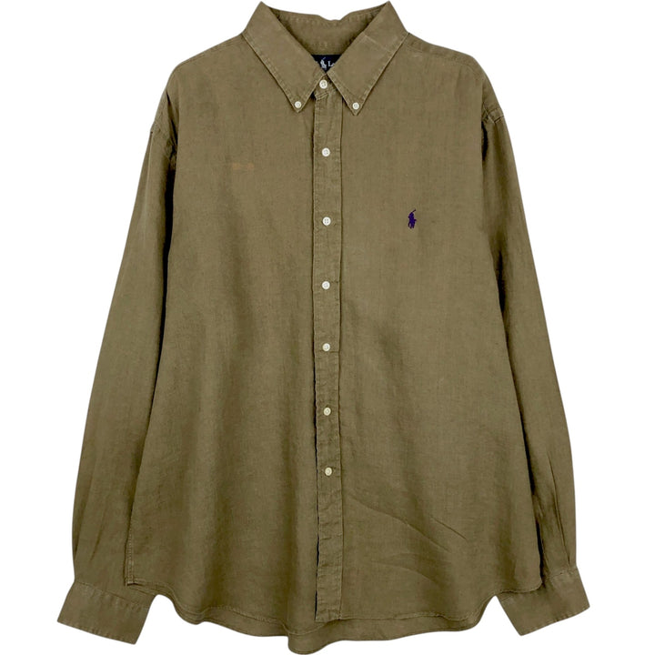 Ralph Lauren long sleeve linen button down shirt, men's size XL linen Khaki type Vintage Second Hand