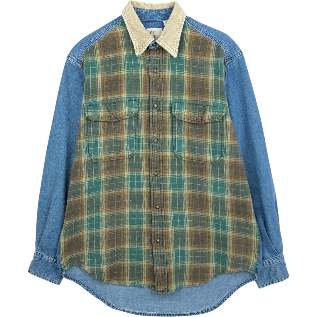 90'S GAP Old Gap Check Pattern Patchwork Long Sleeve Denim Shirt (Men's Size S) cotton Khaki type Vintage Second Hand