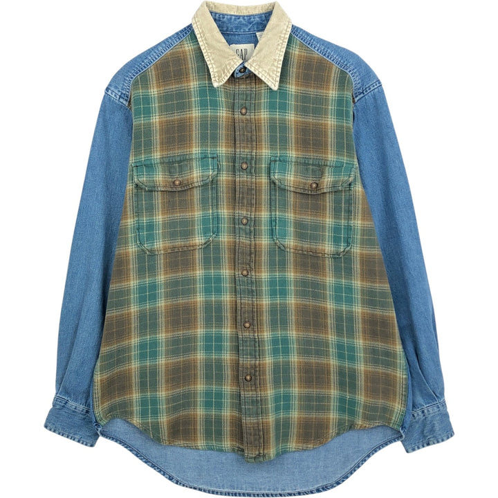 90'S GAP Old Gap Check Pattern Patchwork Long Sleeve Denim Shirt (Men's Size S) cotton Khaki type Vintage Second Hand