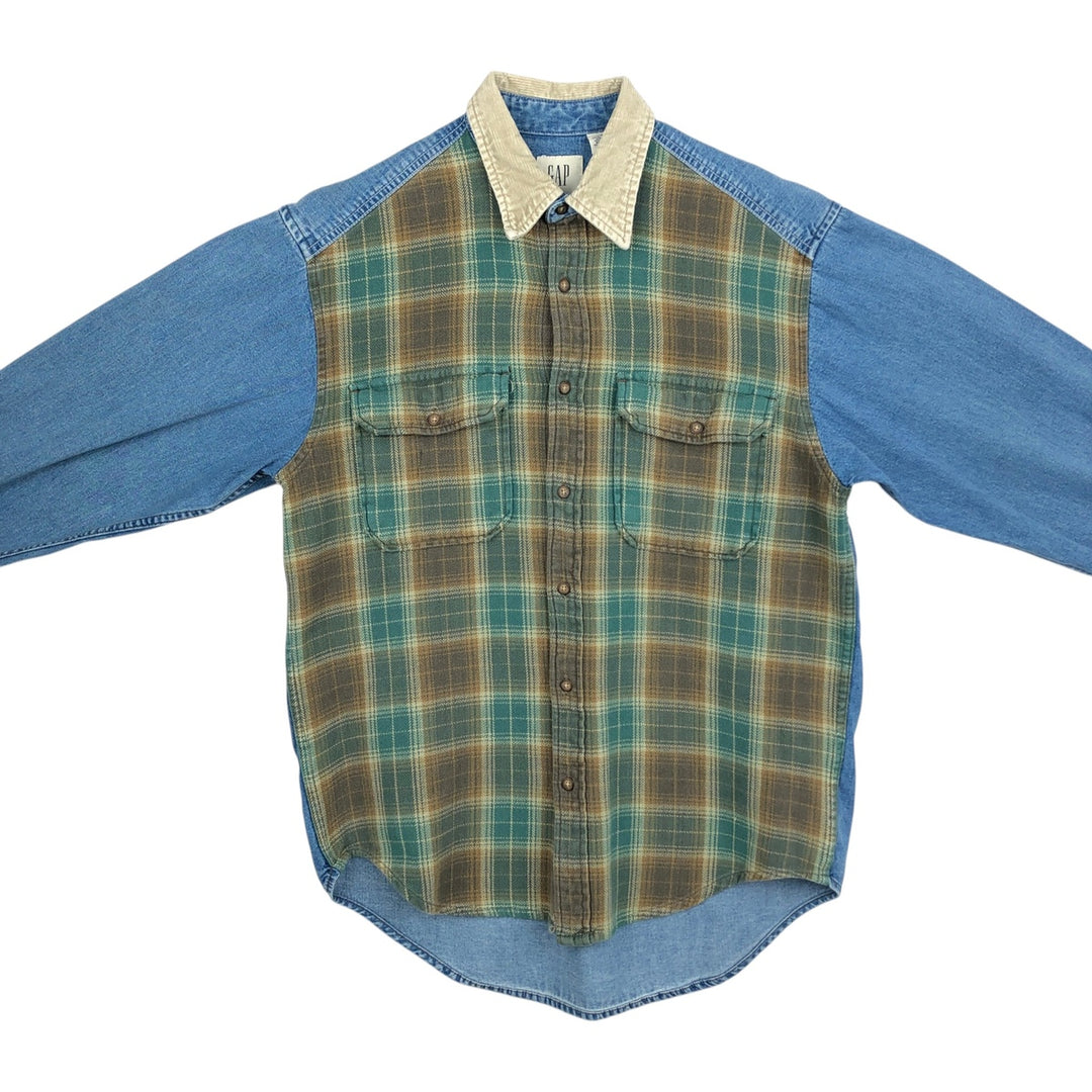 90'S GAP Old Gap Check Pattern Patchwork Long Sleeve Denim Shirt (Men's Size S) cotton Khaki type Vintage Second Hand