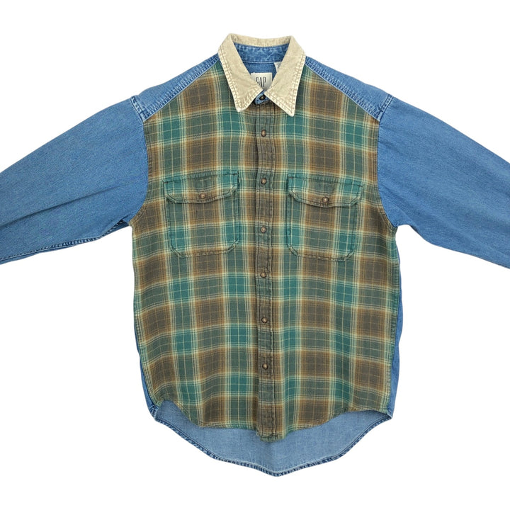 90'S GAP Old Gap Check Pattern Patchwork Long Sleeve Denim Shirt (Men's Size S) cotton Khaki type Vintage Second Hand