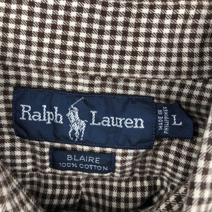 Ralph Lauren BLAIRE Gingham Check Long-Sleeve Button-Down Light Flannel Shirt, Men's Size L (approx.) cotton brown type Vintage Second Hand