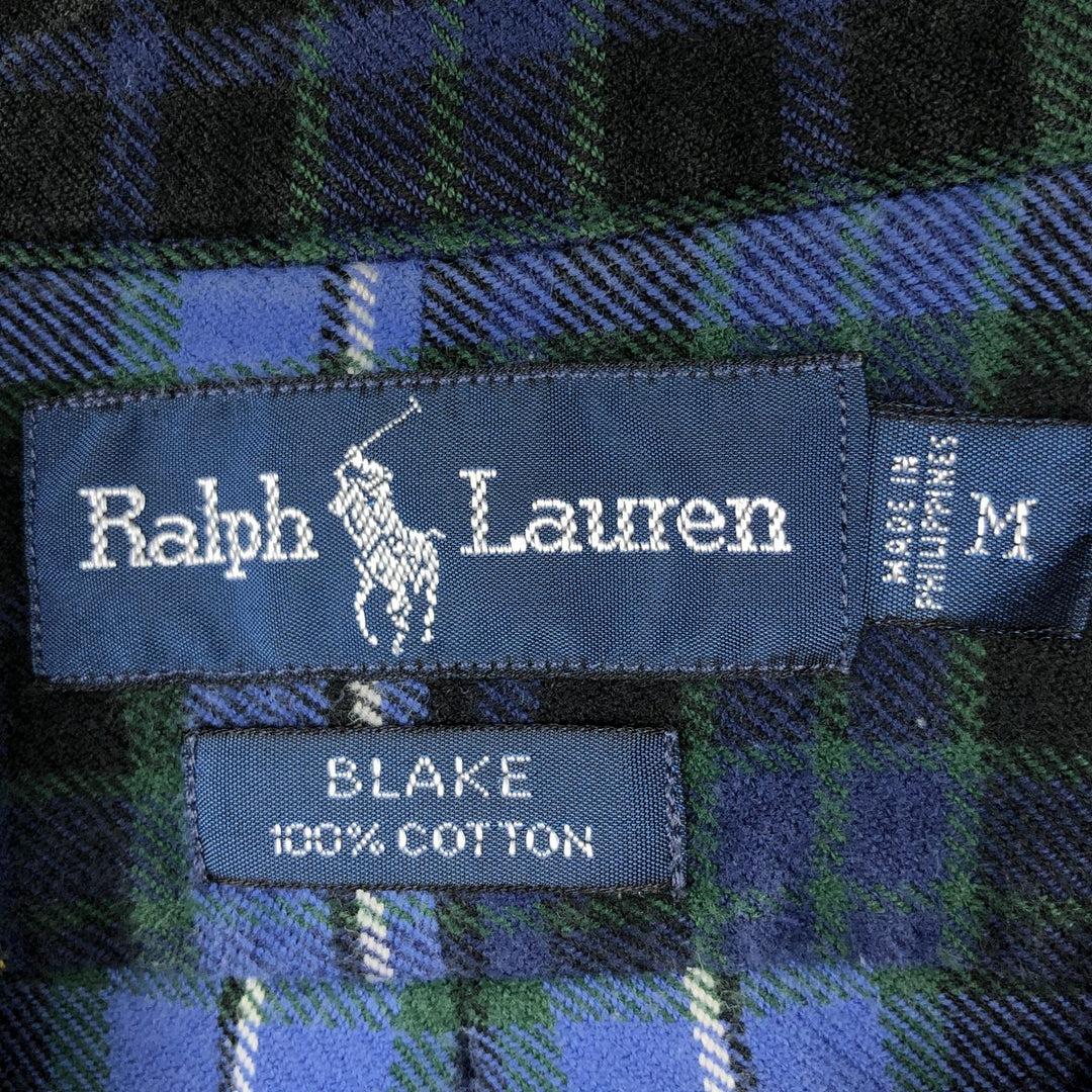 Ralph Lauren BLAKE Long-Sleeve Button-Down Light Flannel Check Shirt, Men's Size M (approx.) cotton blue type Vintage Second Hand