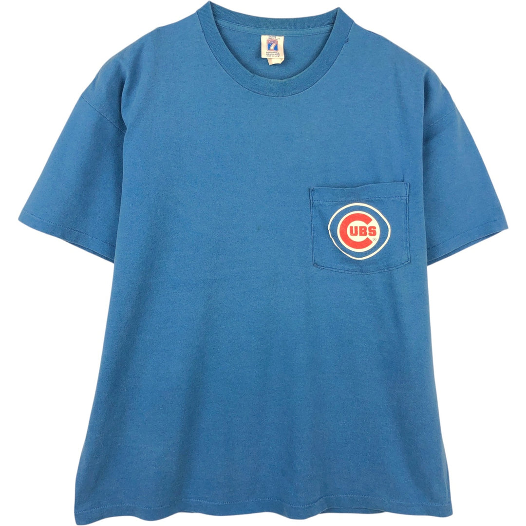 90'S Logo 7 MLB Chicago Cubs sports print T-shirt, Made in USA, Men's size L equivalent, Vintage unclear blue type Vintage Second Hand
