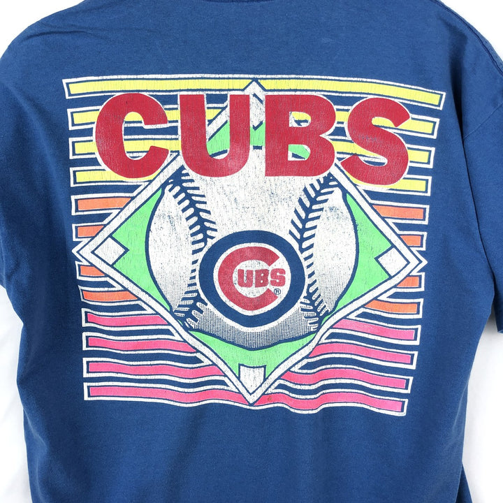 90'S Logo 7 MLB Chicago Cubs sports print T-shirt, Made in USA, Men's size L equivalent, Vintage unclear blue type Vintage Second Hand