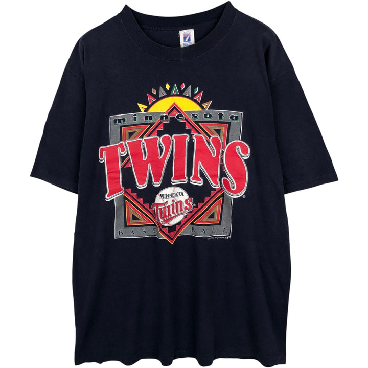 90'S Logo Seven MLB Minnesota Twins Sports Print T-Shirt, Made in USA, Men's Size L (approx.), Vintage cotton navy blue type Vintage Second Hand