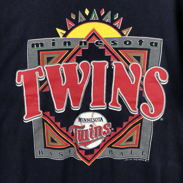 90'S Logo Seven MLB Minnesota Twins Sports Print T-Shirt, Made in USA, Men's Size L (approx.), Vintage cotton navy blue type Vintage Second Hand