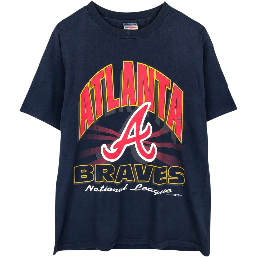 90'S Hanes Champknit MLB Atlanta Braves Sports Print T-Shirt, Made in USA, Men's Size L (approx.) cotton navy blue type Vintage Second Hand
