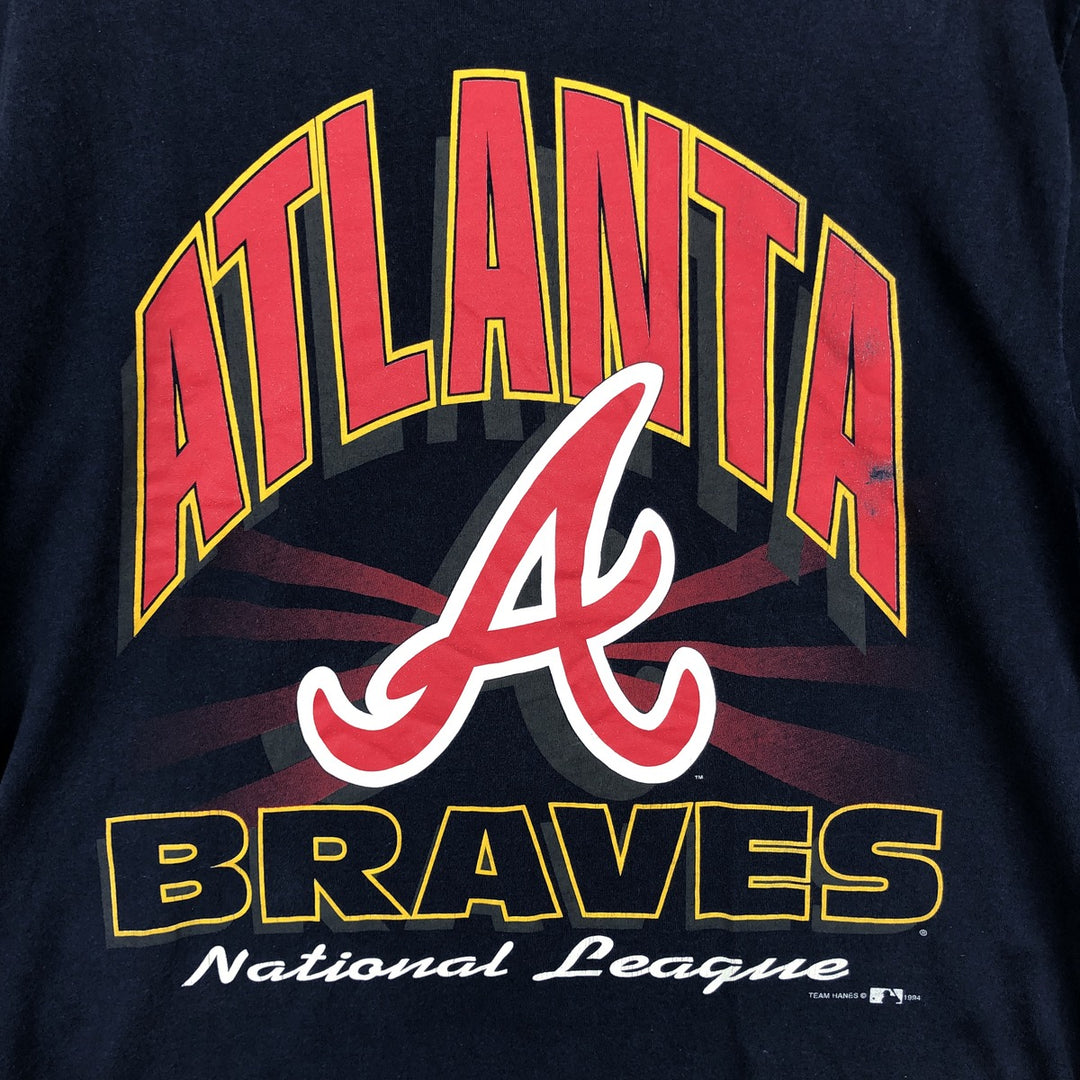 90'S Hanes Champknit MLB Atlanta Braves Sports Print T-Shirt, Made in USA, Men's Size L (approx.) cotton navy blue type Vintage Second Hand