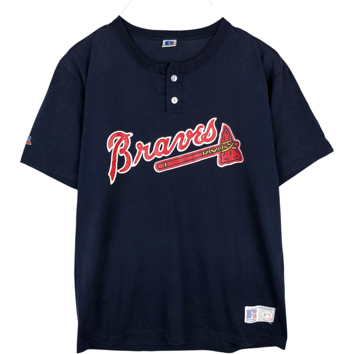 90'S Russell Atlanta Braves Henley Neck Sport Print T-Shirt, Made in USA, Men's Size L (Equivalent), Vintage polyester navy blue type Vintage Second Hand