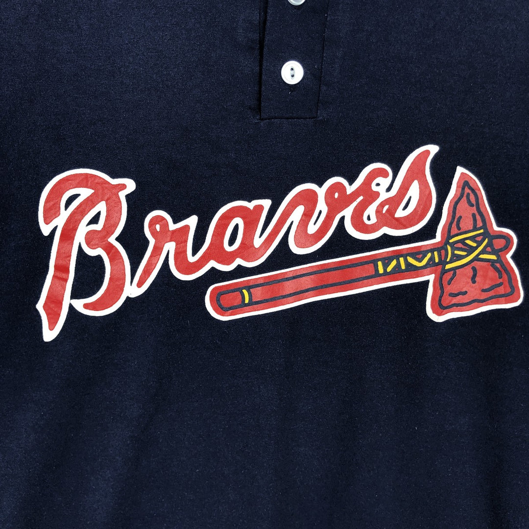 90'S Russell Atlanta Braves Henley Neck Sport Print T-Shirt, Made in USA, Men's Size L (Equivalent), Vintage polyester navy blue type Vintage Second Hand