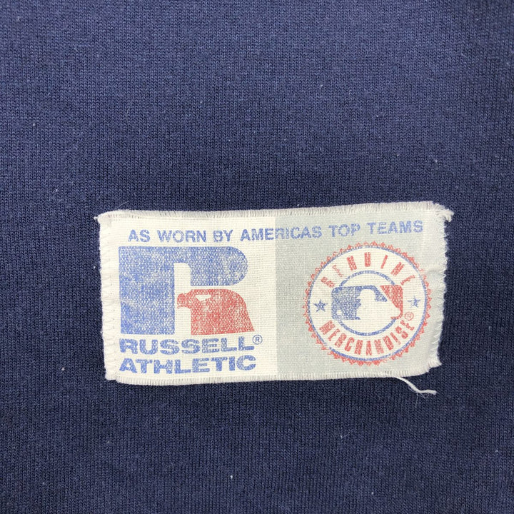 90'S Russell Atlanta Braves Henley Neck Sport Print T-Shirt, Made in USA, Men's Size L (Equivalent), Vintage polyester navy blue type Vintage Second Hand