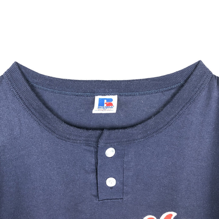 90'S Russell Atlanta Braves Henley Neck Sport Print T-Shirt, Made in USA, Men's Size L (Equivalent), Vintage polyester navy blue type Vintage Second Hand