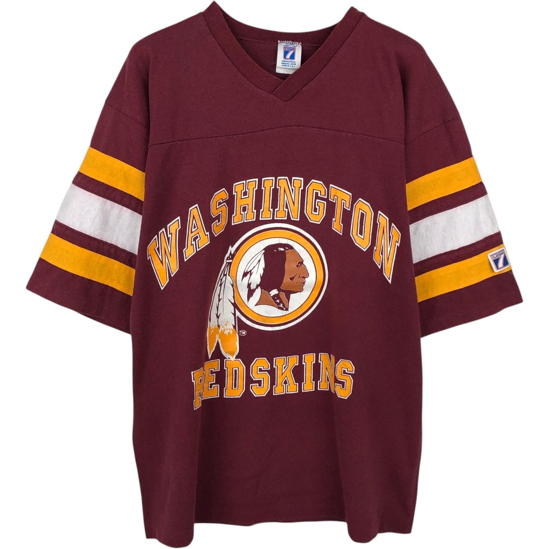 90'S Logo Seven Washington Redskins V-neck Football 3/4 Sleeve T-shirt, Made in USA, Men's Size L (approx.), Vintage cotton wine-red Vintage Second Hand