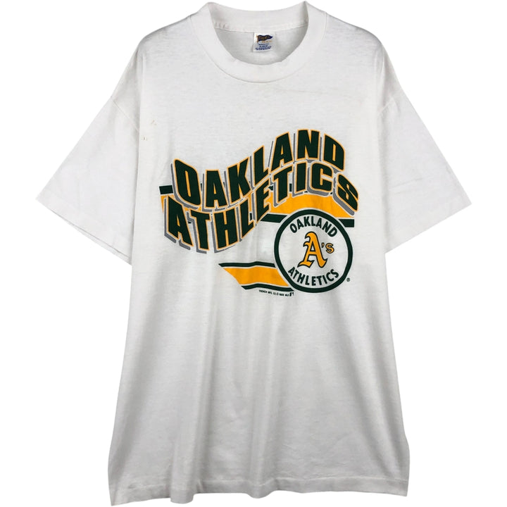 90'S TRENCH MLB OAKLAND ATHLETICS Logo Print T-Shirt, Made in USA, Men's XL (approx.) Vintage polyester white type Vintage Second Hand