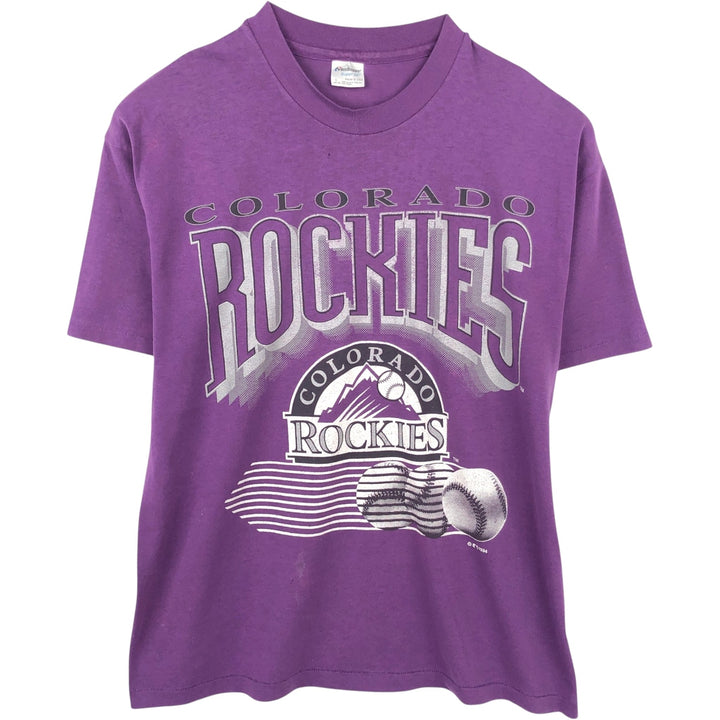 90'S Stedman MLB Colorado Rockies Logo Print T-Shirt, Made in USA, Men's XL (approx.) Vintage polyester purple type Vintage Second Hand