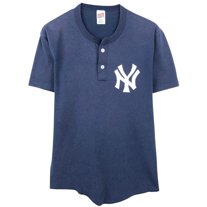 80s-90'S SOFFE MLB New York Yankees Henley Neck Logo Print T-Shirt, Made in USA, Men's Size M (approx.) polyester navy blue type Vintage Second Hand