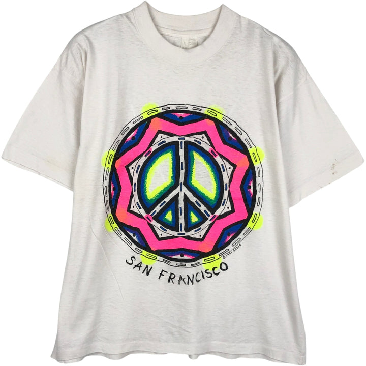 90'S Peace Sign Print T-Shirt, Men's Size L (approx.), Vintage cotton white type Vintage Second Hand