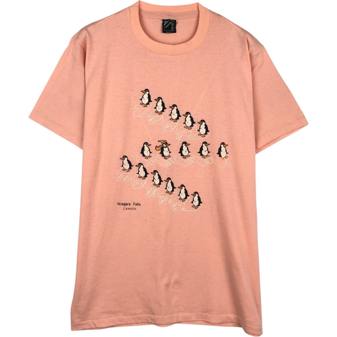~90'S COLLECTION UNIQUE Penguin Pattern Print T-Shirt, Made in Canada, Men's Size L (approx.), Vintage cotton coral Vintage Second Hand