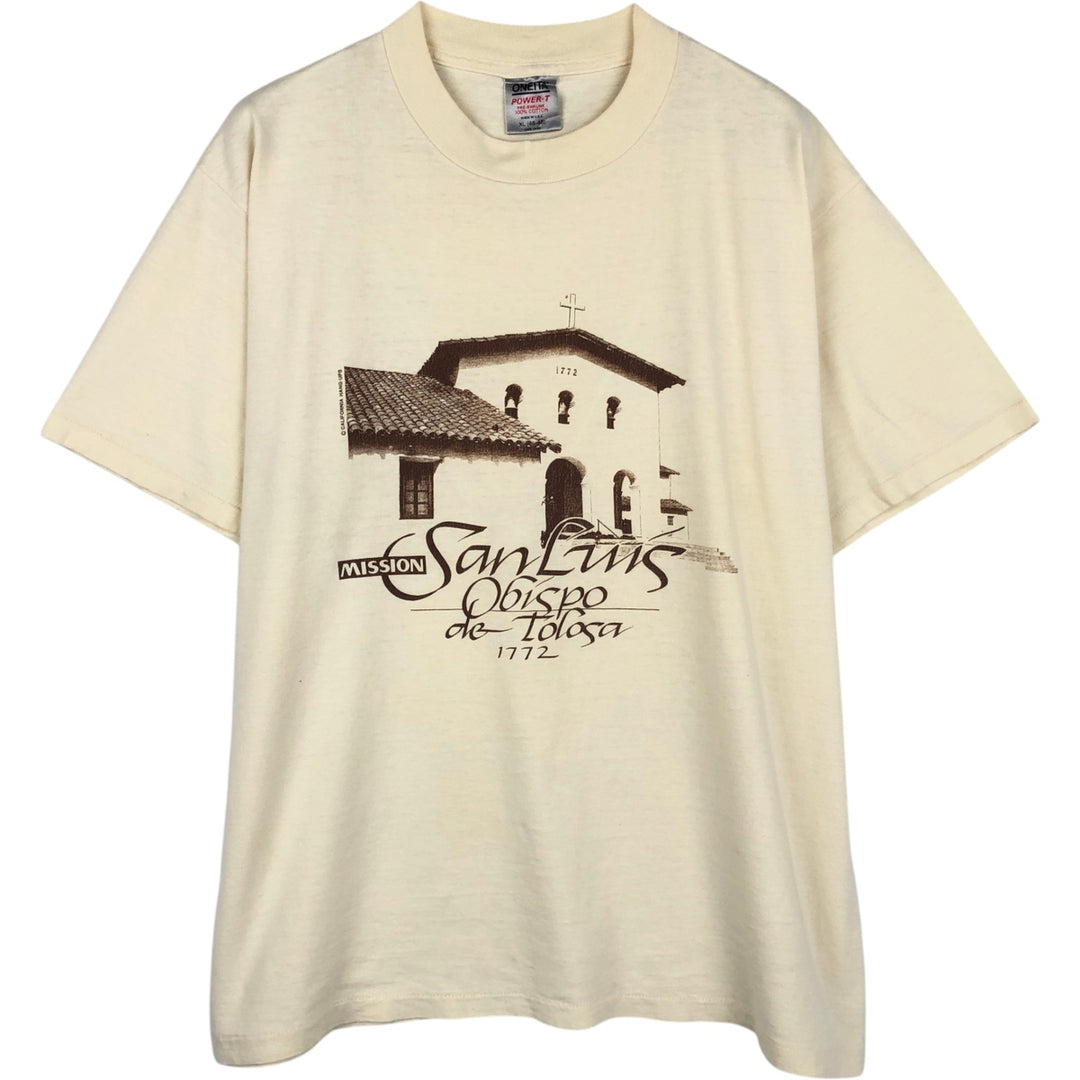 90'S Onita Mission San Luis Obispo De Tolosa Photo T-Shirt, Made in USA, Men's XL equivalent, Vintage cotton unbleached Vintage Second Hand