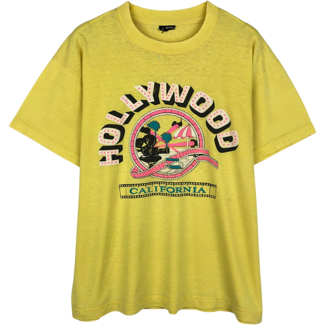 Vintage printed T-shirt, size L for men cotton lemon yellow Vintage Second Hand