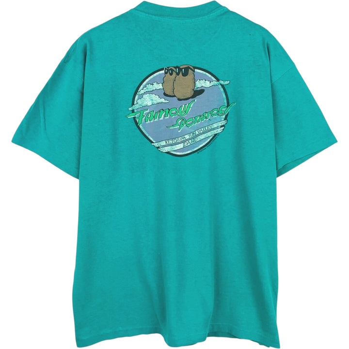 80'S Hanes FAMOUS POTATOES Print T-Shirt, Made in USA, Men's Size XL (approx.) cotton turquoise blue Vintage Second Hand