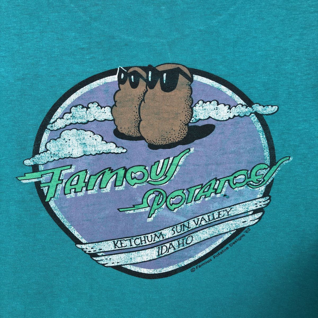 80'S Hanes FAMOUS POTATOES Print T-Shirt, Made in USA, Men's Size XL (approx.) cotton turquoise blue Vintage Second Hand