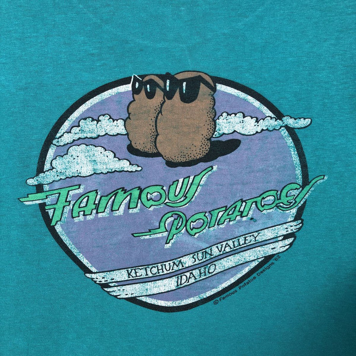 80'S Hanes FAMOUS POTATOES Print T-Shirt, Made in USA, Men's Size XL (approx.) cotton turquoise blue Vintage Second Hand