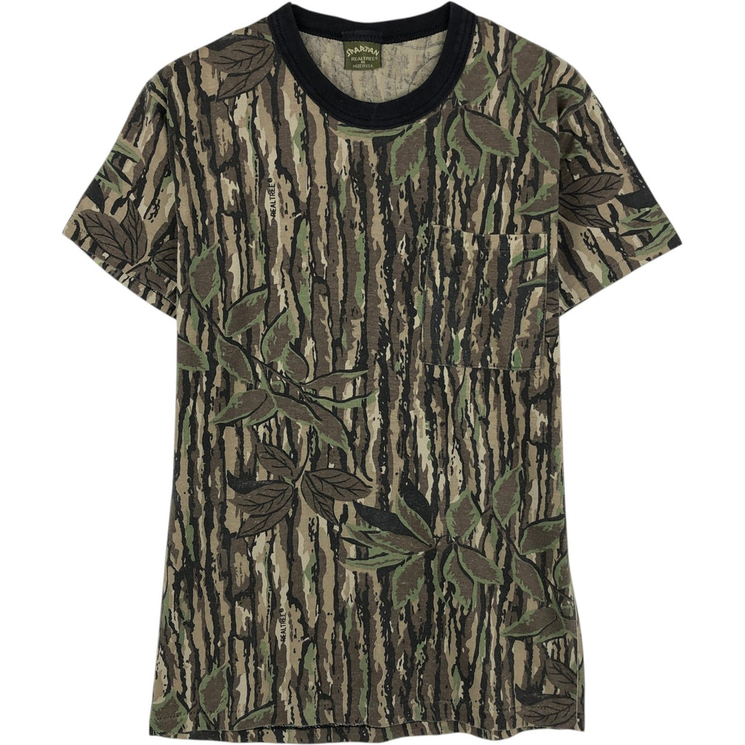 ~90'S SPARTAN Camouflage Pattern Real Tree Camo Pocket T-Shirt, Made in USA, Men's Size M (Equivalent), Vintage polyester Khaki type brown Vintage Second Hand