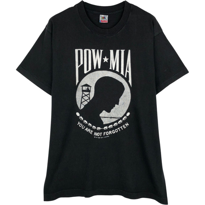 Vintage 90'S Fruit of the Loom Pow Mia print T-shirt, Made in USA, Men's Size Large cotton black type Vintage Second Hand