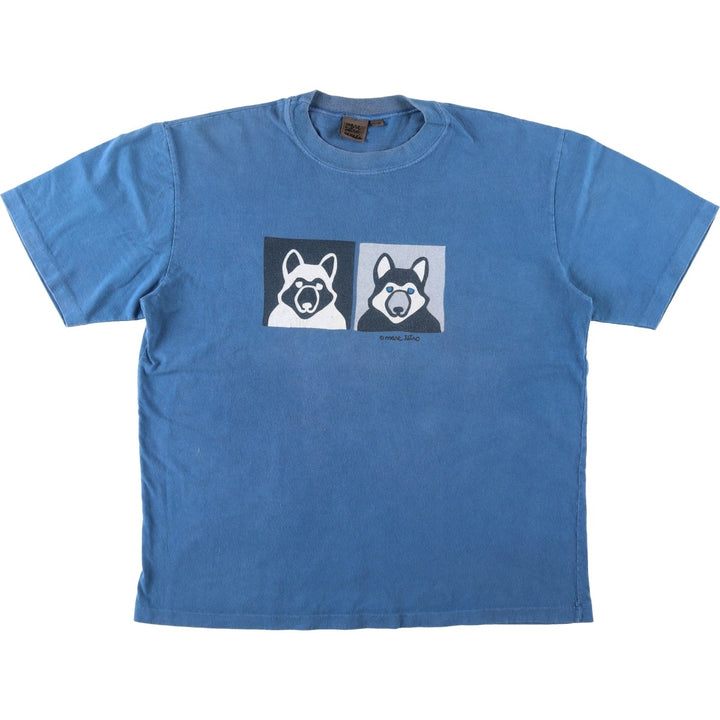 ~90'S Marc Tetro dog print art t-shirt, made in Canada, men's size L equivalent, vintage. cotton blue type Vintage Second Hand