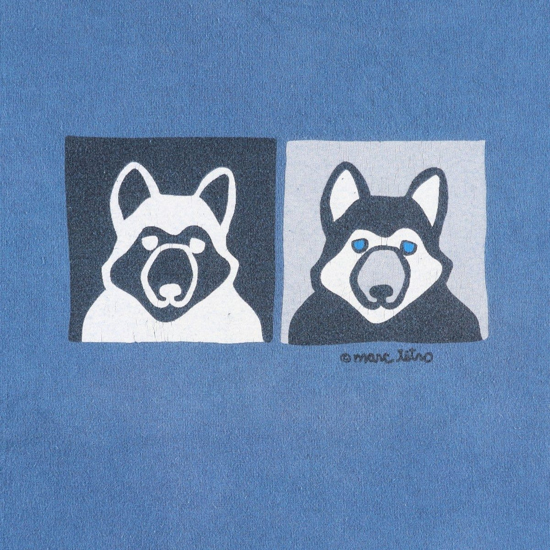 ~90'S Marc Tetro dog print art t-shirt, made in Canada, men's size L equivalent, vintage. cotton blue type Vintage Second Hand