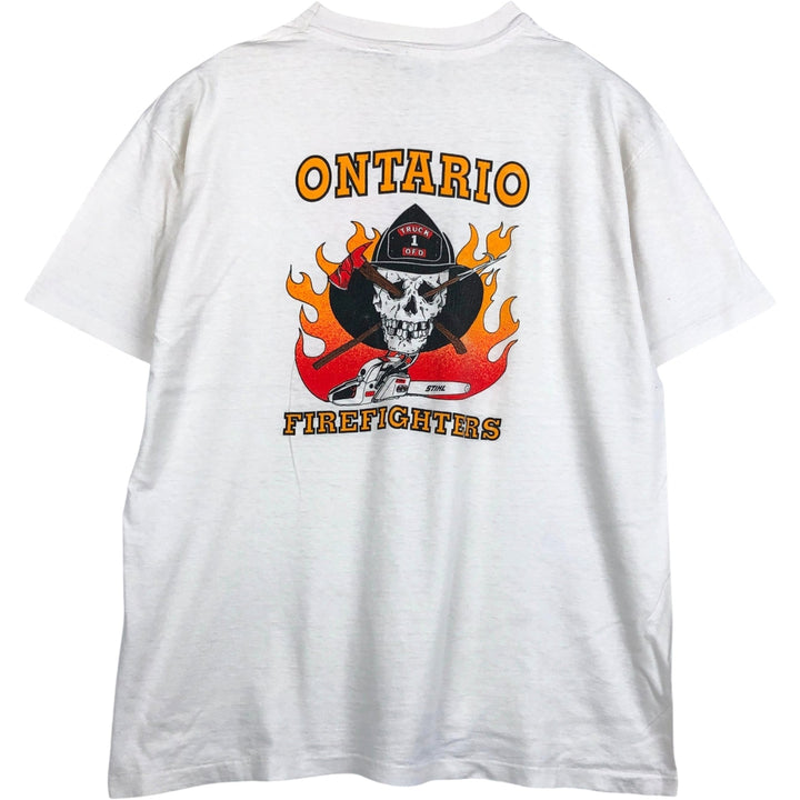 80'S Hanes Ontario Firefighters Skull Pattern Advertising T-Shirt, Made in USA, Men's XL equivalent, Vintage cotton white type Vintage Second Hand