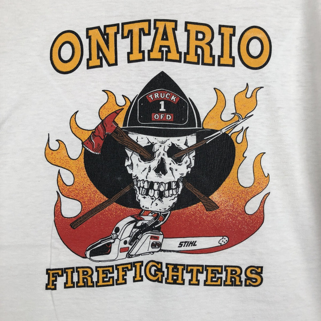 80'S Hanes Ontario Firefighters Skull Pattern Advertising T-Shirt, Made in USA, Men's XL equivalent, Vintage cotton white type Vintage Second Hand