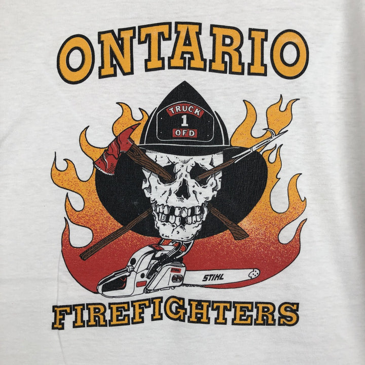 80'S Hanes Ontario Firefighters Skull Pattern Advertising T-Shirt, Made in USA, Men's XL equivalent, Vintage cotton white type Vintage Second Hand