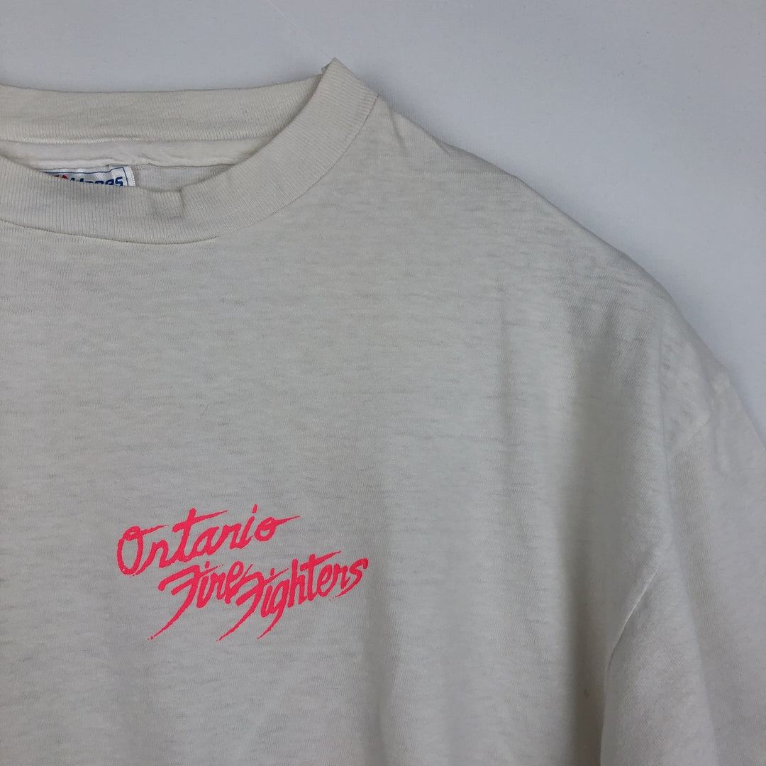 80'S Hanes Ontario Firefighters Skull Pattern Advertising T-Shirt, Made in USA, Men's XL equivalent, Vintage cotton white type Vintage Second Hand